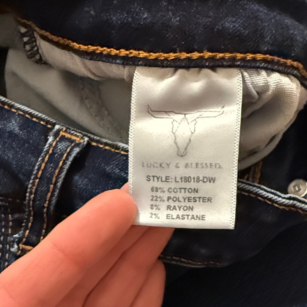 Lucky & Blessed Dark Blue Flare with Raw Hem Jeans, Size 18 - Picture 3 of 10
